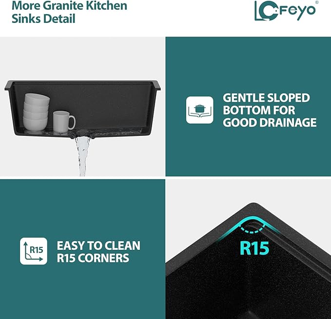 28x19 Inch Undermount Kitchen Sink, Matte Black Granite Composite Ledge Workstation Quartz Sink, Single Bowl Deep Under Counter Sink