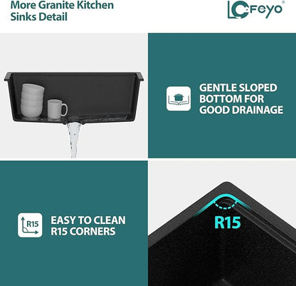 28x19 Inch Undermount Kitchen Sink, Matte Black Granite Composite Ledge Workstation Quartz Sink, Single Bowl Deep Under Counter Sink