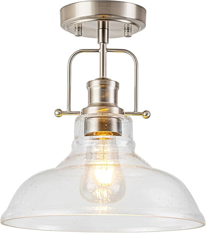 WILON Farmhouse Glass Semi Flush Mount Ceiling Light Fixture, Kitchen Lighting Fixtures Industrial Ceiling Lamp for Hallway Bedroom Kitchen Laundry Room (Brushed Nickel & Seeded, 1 Pack)