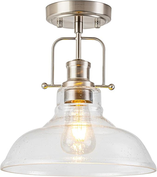 WILON Farmhouse Glass Semi Flush Mount Ceiling Light Fixture, Kitchen Lighting Fixtures Industrial Ceiling Lamp for Hallway Bedroom Kitchen Laundry Room (Brushed Nickel & Seeded, 1 Pack)