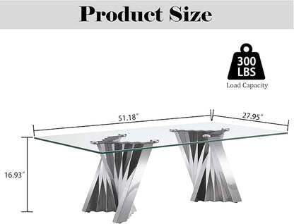 Glass Coffee Table, 51 Inch Rectangular Tempered Glass Living Room Table with Stainless Steel Legs, Mid Century Modern Coffee Table for Office, Silver