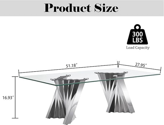 Glass Coffee Table, 51 Inch Rectangular Tempered Glass Living Room Table with Stainless Steel Legs, Mid Century Modern Coffee Table for Office, Silver