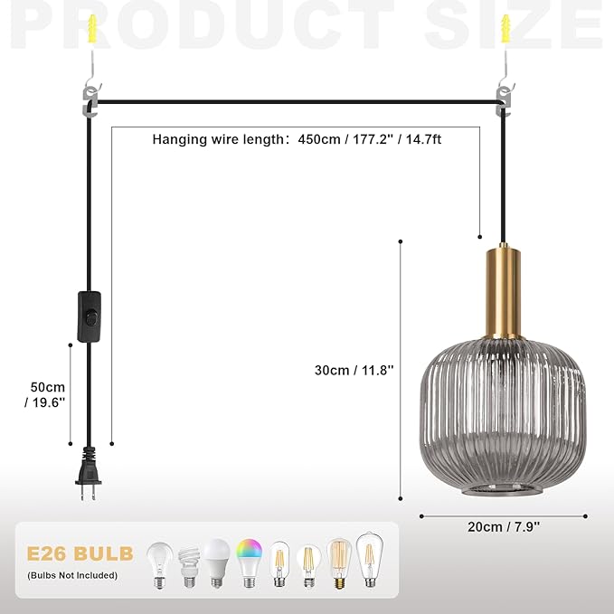 Vintage Plug in Pendant Lights 2 Pack, Industrial Hanging Lamp with Smoke Gry Glass Shade, Mid Century Hanging Chandelier Plug in Light Fixture for Kitchen Dining Room Living Room Ceiling