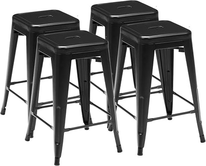 Sweetcrispy Metal Bar Stools Set of 4, 24 Inch Stackable Restaurant Classic Trattoria Metal Chairs, Backless Counter Height Barstool Chairs for Dining Room, Kitchen Island, Indoor Outdoor Use, Black