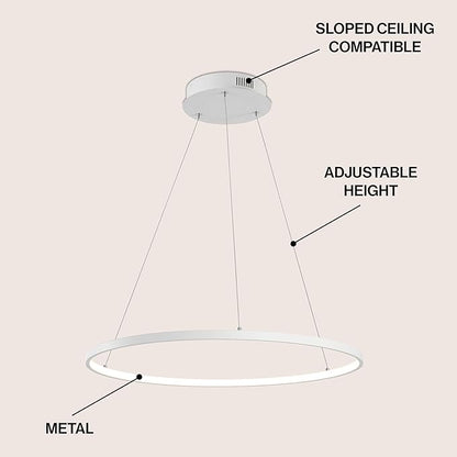 JONATHAN Y 23.75" Matte White Modern Integrated LED Pendant Light, Dimmable Round Hoop Chandelier for Kitchen Island, Dining Room, Adjustable Height Metal Hanging Light (JYL7203I)