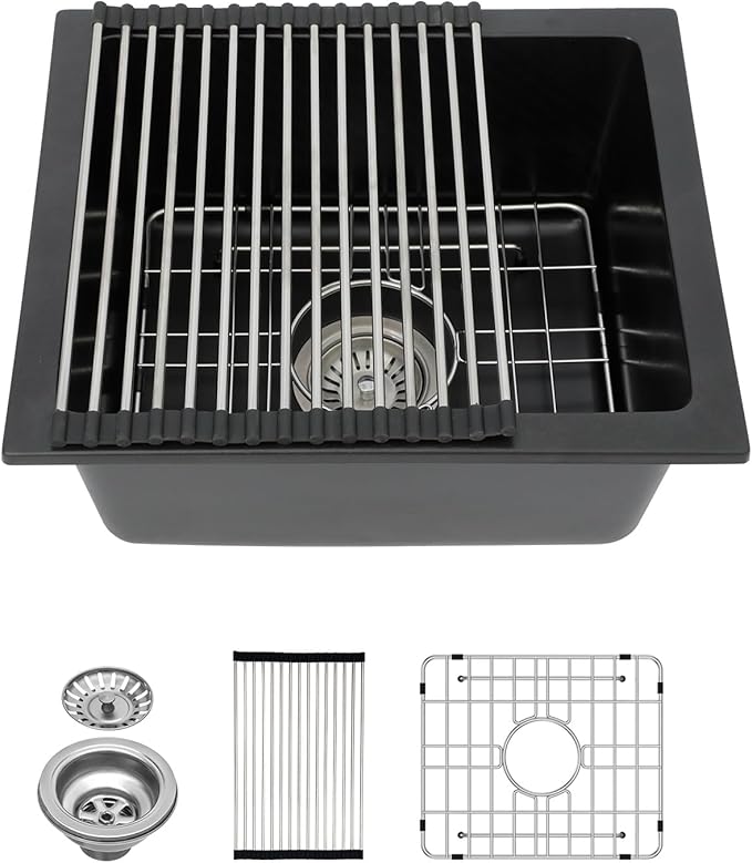 Lordear 18 Inch Black Undermount Bar Sink Granite Composite Quartz Single Bowl RV Camper Outdoor Under Counter Kitchen Sinks Basin