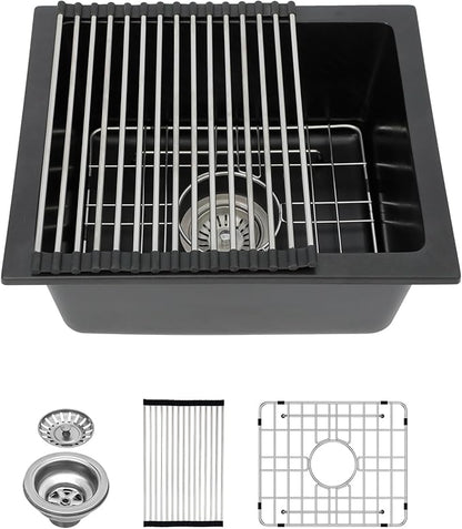 Lordear 18 Inch Black Undermount Bar Sink Granite Composite Quartz Single Bowl RV Camper Outdoor Under Counter Kitchen Sinks Basin