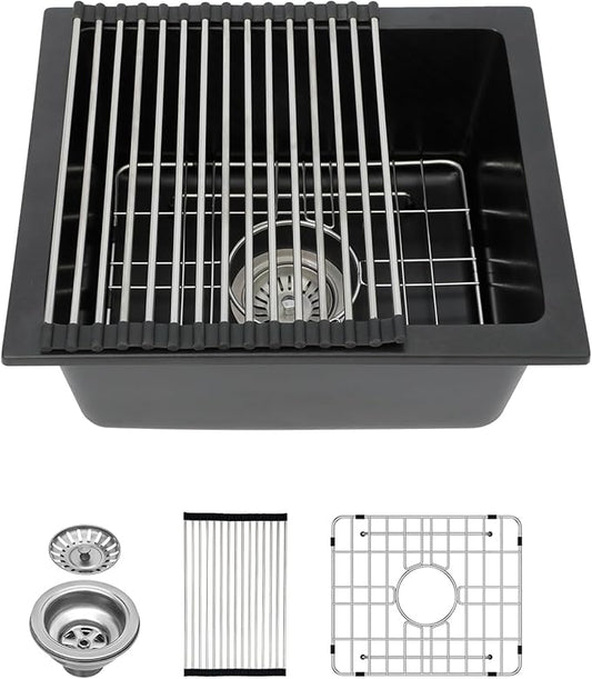 Lordear 18 Inch Black Undermount Bar Sink Granite Composite Quartz Single Bowl RV Camper Outdoor Under Counter Kitchen Sinks Basin