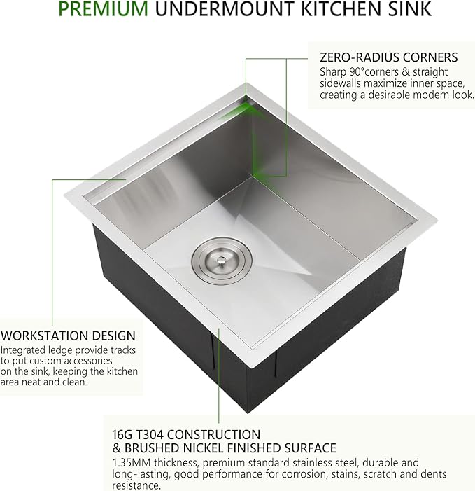 17 inch Undermount Stainless Steel Bar Sink, Swift Horse 17"x19"x9” 16Gauge Stainless Steel Undermount Workstation Kitchen Bar Sinks