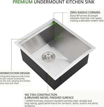 17 inch Undermount Stainless Steel Bar Sink, Swift Horse 17"x19"x9” 16Gauge Stainless Steel Undermount Workstation Kitchen Bar Sinks