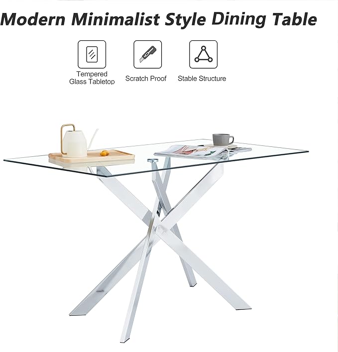 Dining Table with Tempered Glass Top, Modern Glass Dining Room Table Rectangle, Chrome Silver Geometric Metal Leg, Kitchen Table 51" L x 29.5" W x 30" H, Silver