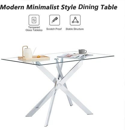 Dining Table with Tempered Glass Top, Modern Glass Dining Room Table Rectangle, Chrome Silver Geometric Metal Leg, Kitchen Table 51" L x 29.5" W x 30" H, Silver