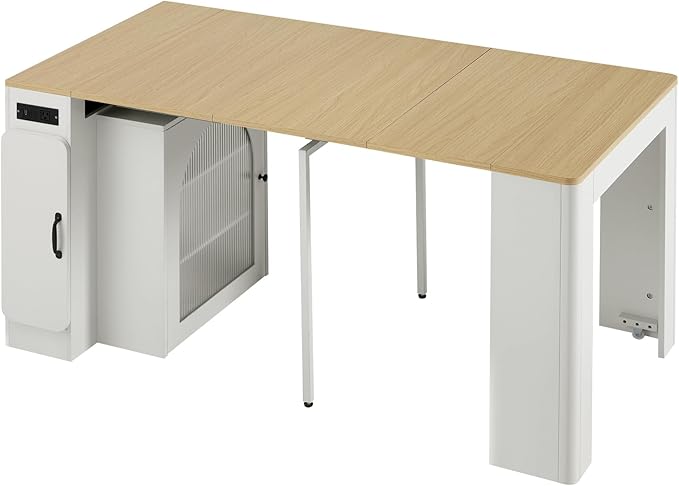 59" Extendable Dining Table with 3 Removable Middle Leaves, Mobile Rolling Island Table with Power Outlet, Saving-space Cabinet with Storage for Dining Room and Living Room (Grey Blue+Natural)