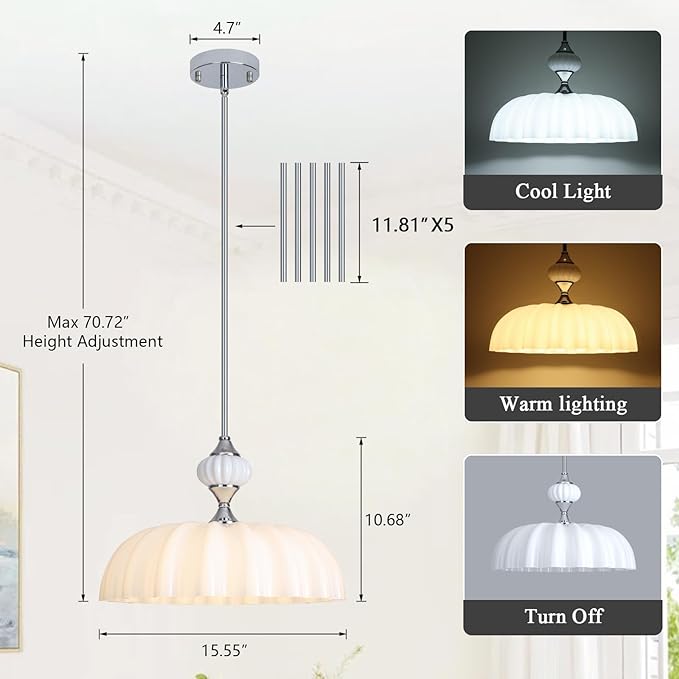 15.7 Inch Vintage Flower Brushed Nickel Chandelier, Adjustable Height Pendant Light with White Milk Glass Shades, Farmhouse Ceiling Light Fixture for Kitchen Island, Dining Room, Bedroom