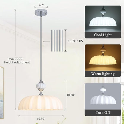 15.7 Inch Vintage Flower Brushed Nickel Chandelier, Adjustable Height Pendant Light with White Milk Glass Shades, Farmhouse Ceiling Light Fixture for Kitchen Island, Dining Room, Bedroom