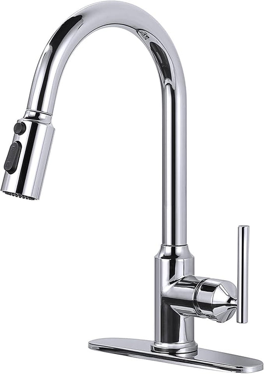 WOWOW Kitchen Faucets with Pull Down Sprayer, Chrome Kitchen Faucet with Sprayer, 304 Stainless Steel High Arc Single Handle Pull Down Kitchen Faucet for Kitchen Sink Faucet