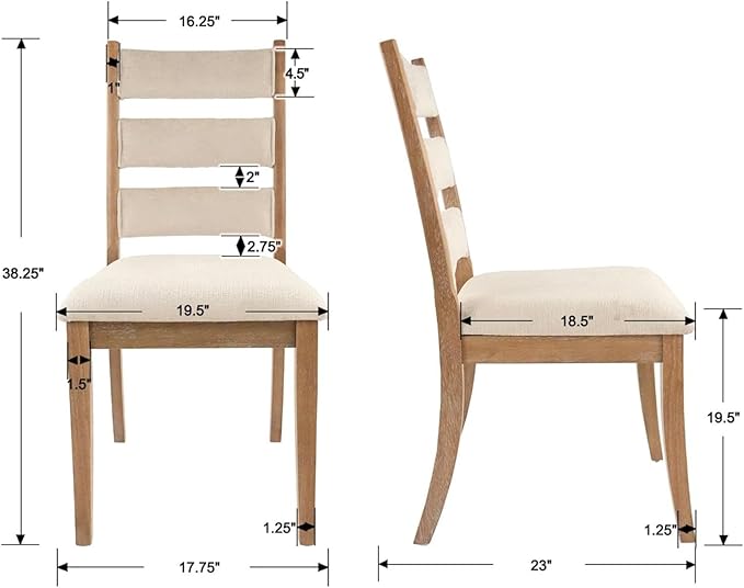 Beige Dining Chairs Set of 2, French Country Upholstered Chenille Ladder High Back Dining Room Kitchen Side Chairs with Brown Legs/Non-Slip Foot Mats