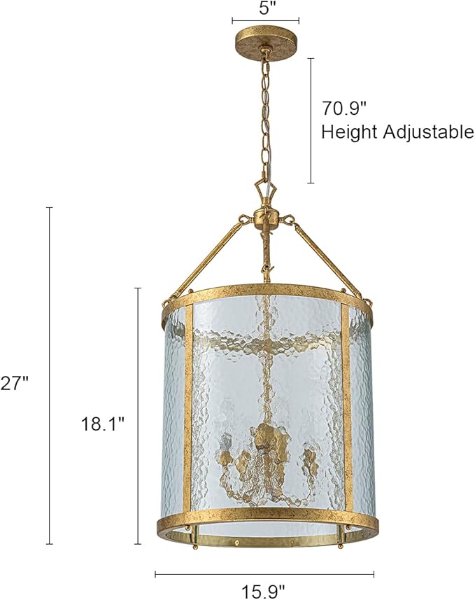 Lingkai Modern Brass Chandelier, 4-Light Water Ripple Glass Light Fixture, Lantern Farmhouse Chandeliers for Dining Room, Living Room, Foyer