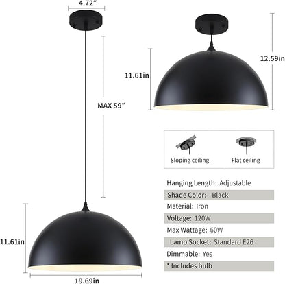 Large Pendant Lights Kitchen Island, 19.7 Inch Black and White Dome Pendant Light，Black Farmhouse Pendant Light, Modern Industrial Kitchen Pendant Lighting Over Island, Dining Room, 2 Pack