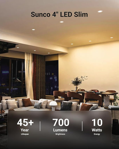 Sunco 6 Pack 4 Inch LED Recessed Lights, Slim Canless Ceiling Lighting, 650 LM, 10W (60W Equivalent), 5000K Daylight, Dimmable, Wafer Thin, Ultra Thin with Junction Box ETL