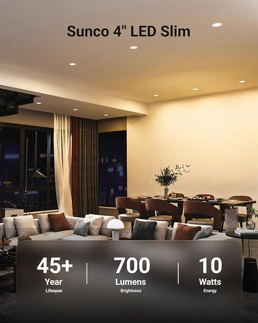 Sunco 24 Pack 4 Inch Ultra Thin LED Recessed Ceiling Lights Slim, 6000K Daylight Deluxe, Dimmable 10W, Canless Wafer Thin with Junction Box.