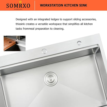 33 Inch Drop In Kitchen Sink - 33x22 Kitchen Sink Drop In,16 Gauge Stainless Steel Topmount, 10" Deep Single Bowl Workstation Sinks with Accessories