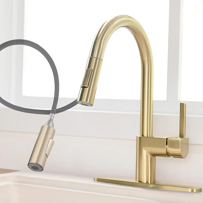 Gold Kitchen Faucet with Pull Down Sprayer - Modern Single Handle Pull Down Kitchen Sink Faucet with Deck Plate | Stainless Steel Brass Kitchen Faucet for 1 & 3 Hole Brushed Gold