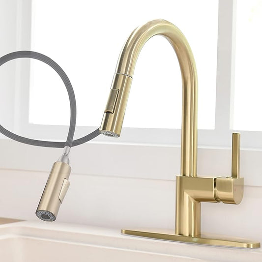 Gold Kitchen Faucet with Pull Down Sprayer - Modern Single Handle Pull Down Kitchen Sink Faucet with Deck Plate | Stainless Steel Brass Kitchen Faucet for 1 & 3 Hole Brushed Gold