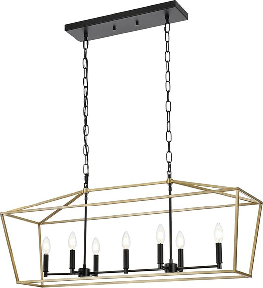 7-Light Farmhouse Lantern Island Chandelier, Black and Gold Rectangular Kitchen Island Light Fixture, Modern Dining Room Hanging Ceiling Light Over Table, E12 Candle Base