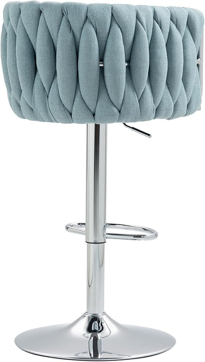 360° Fabric Cover Swivel Bar Stools Set of 2, Adjustable Counter Height Bar Chairs with Woven Back & Footrest, Silver Chromed Bar Stools for Kitchen Island, Cafe, Pub (Blue)