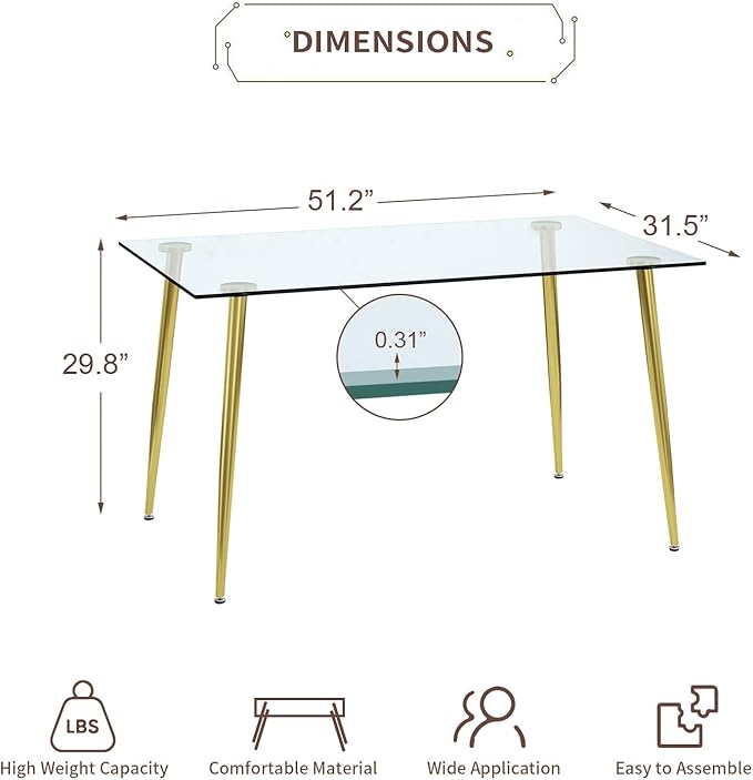 Glass Dining Table for 4 with 51 inch Clear Tempered Glass Top, 0.31" Modern Rectangular Glass Kitchen Table Furniture with 4 Golden Plating Metal Legs for Home Kitchen Room