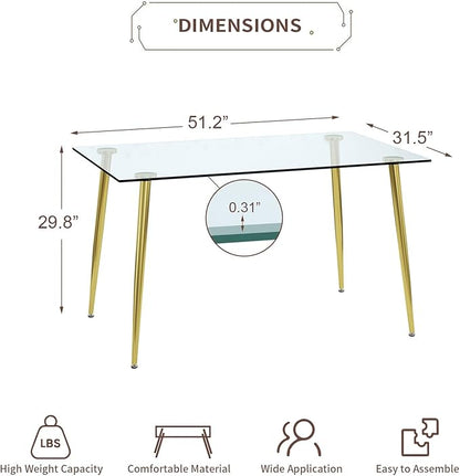 Glass Dining Table for 4 with 51 inch Clear Tempered Glass Top, 0.31" Modern Rectangular Glass Kitchen Table Furniture with 4 Golden Plating Metal Legs for Home Kitchen Room