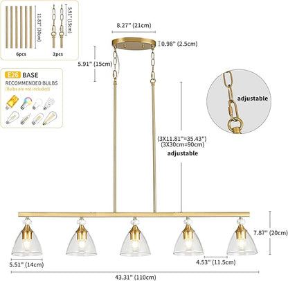 5-Light Gold Finish Kitchen Island Pendant Lighting with Clear Glass Shades for Dining Table, Kitchen Island, Living Room