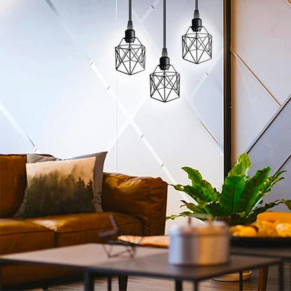 Industrial Pendant Light 3-Light,Adjustable Hanging Light Fixtures,Vintage Farmhouse Pendant Light with Metal Caged for Kitchen Dining Room Hallway,E26 Base,Black