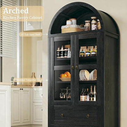 HUAHUU 71" Tall Arched Kitchen Pantry, Arched Cabinet, Kitchen Storage Cabinets with 2 Large Drawers & Adjustable Shelves & Glass Door for Living Room, Dining Room, Black
