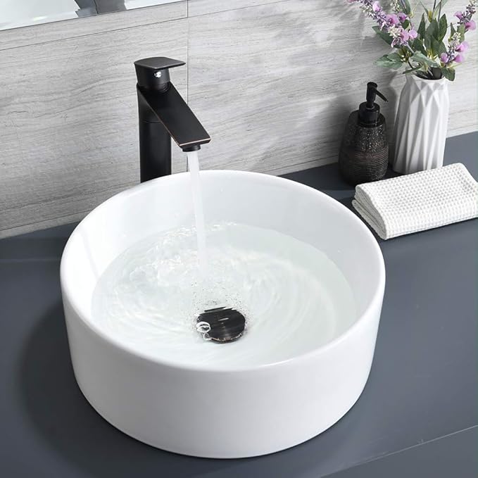 White Round Vessel Sink, BoomHoze 16"x16" Modern Countertop Circle White Porcelain Ceramic Bathroom Sink Above Counter Art Washing Basin