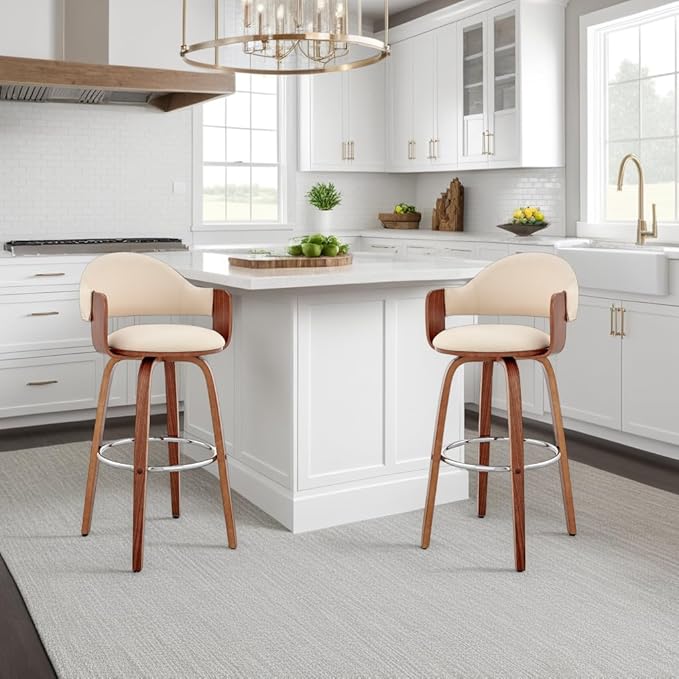 Armen Living Daxton Mid Century Modern Swivel Bar Stool for Kitchen Island Counter in Cream Faux Leather and Walnut Wood, 26" Seat Height