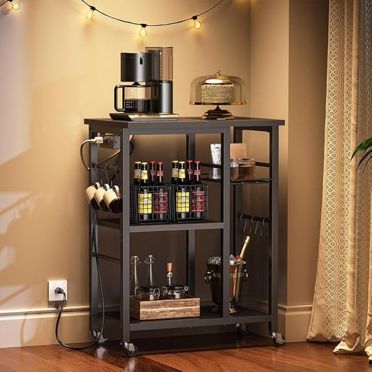 YATINEY Movable Bakers Rack, Microwave Stand with Charging Station, Kitchen Storage Rack with Hooks and Basket, Casters and Adjustable Feet, for Small Space, Kitchen, Dining Room, Black HB04UBB