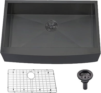 Comllen Commercial 33 inch 304 Stainless Steel Farmhouse Sink, Single Bowl Kitchen Sinks 16 Gauge 9 Inch Deep Handmade Undermount Farm Apron Front Kitchen Sink, Gunmetal Black