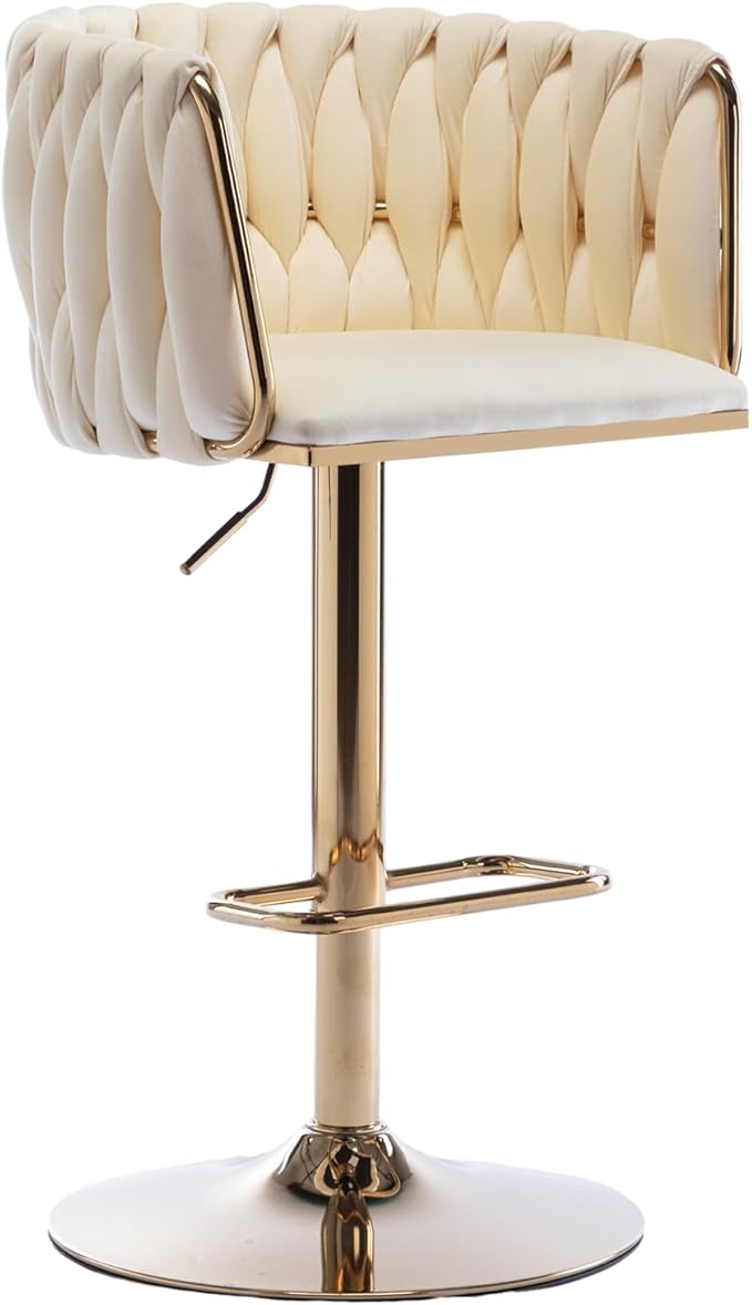 Rhomtree 24-32 Inch Swivel Bar Stools, Adjustable Counter Height Barstools with Nailheads Trim, Velvet Woven Tufted Back and Golden Footrest, Upholstered Bar Chairs Bar Kitchen Island(Ivory Set of 8)