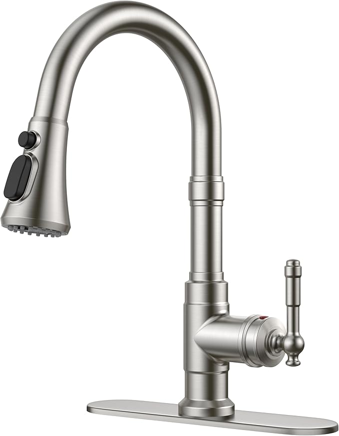 FORIOUS Vintage Kitchen Faucets with Pull Down Sprayer, Brushed Nickel High Arc Single Handle Stainless Steel Transitional Pull Out Sink Faucet for Farmhouse Camper Rv Bar, Fit for 1 or 3 Hole