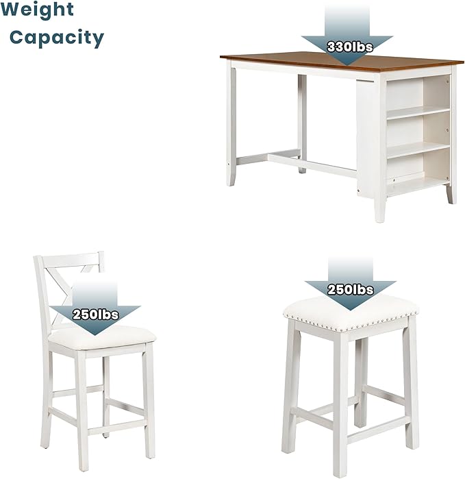 VilroCaz Farmhouse 5-Piece Dining Set, Compact Bar Pub Table With 3-Tier Shelf, Wooden Counter Height Table for 4, Perfect for Small Kitchen Dining Room (White-Chair+Stool)