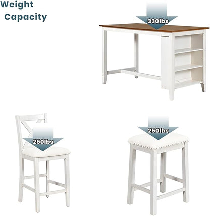 Harper & Bright Designs 5 Pieces Counter Height Wooden Bar Table Set with 3-Tier Shelf, 2 stools and 2 Chairs, Rustic Farmhouse Dining Table Set for 4, White
