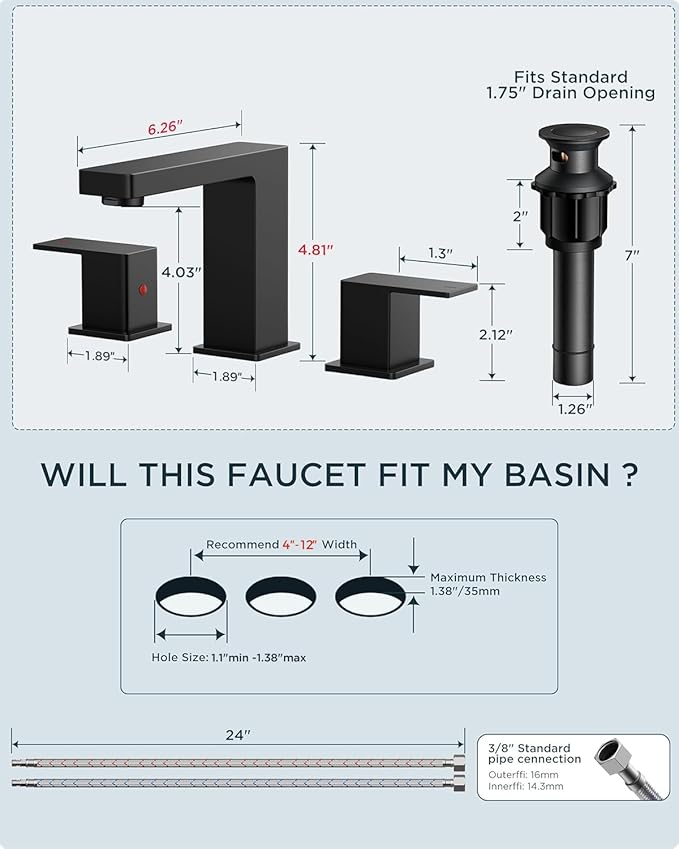 QFN Matte Black Bathroom Sink Faucet 3 Hole, 8 Inch Widespread Square Bathroom Faucet with Metal Pop-up Drain and 24" CUPC Supply Line, Lead-Free 2 Handles for Vanity, Restroom, Lavatory and Mall