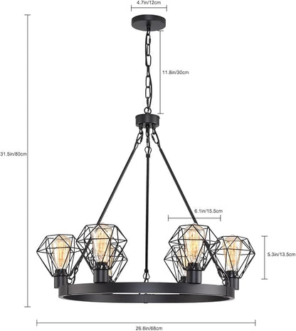 Wagon Wheel Chandelier Modern Farmhouse Pendant Light,Black Farmhouse Chandelier, 6-Light Wagon Wheel Chandelier with Adjustable Height, Dining Room Light Fixture, Hanging Lights
