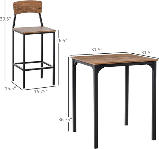 3 Piece Bar Table Set with Steel Legs & Footrests White Industrial Counter Height Dining Table for Small Spaces Kitchen Home Decor,Rustic Brown