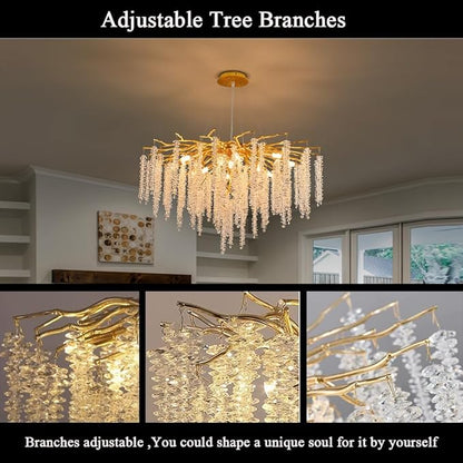 Crystal Tree Branches Chandeliers Luxury Round Raindrop Pendant Light Fixture Ceiling Hanging Light for Dining Room Bedroom Living Room Entryway D31.5“ Gold