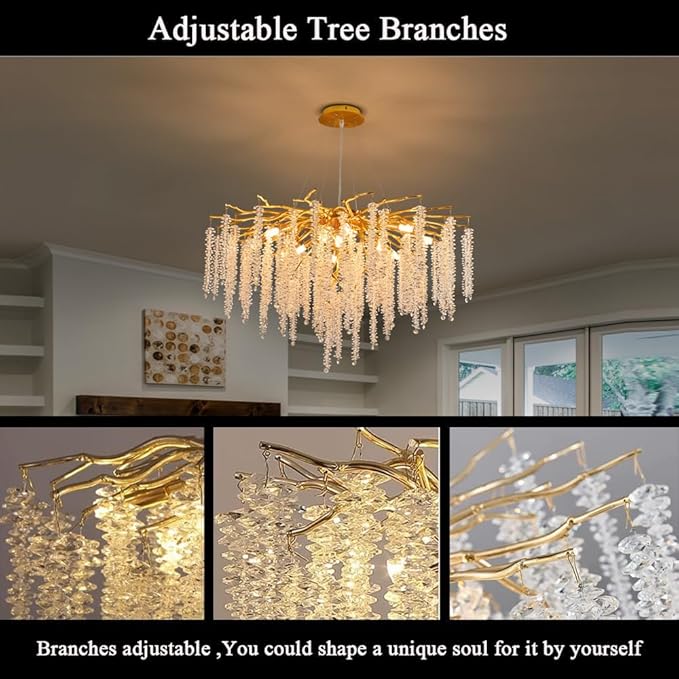 Crystal Tree Branches Chandeliers Gold Luxury Round Raindrop Pendant Light Fixture 9 Light Tassel Ceiling Hanging Light for Dining Room Bedroom Living Room Entryway 23.7"
