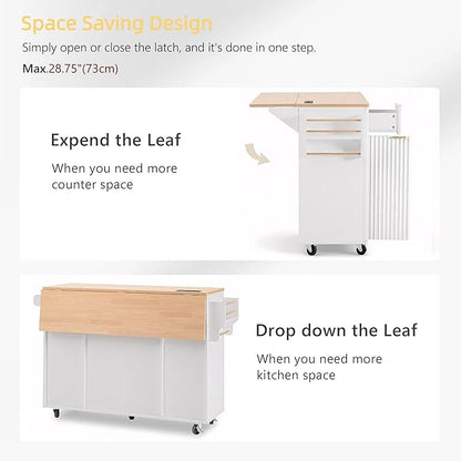 55.5" Mobile Kitchen Island, Fluted Kitchen Island with Storage, Drop Leaf, Power Outlet, 4 Doors and 3 Drawers, Wood-Grain Top, Rolling Island Table for Kitchen, Dining Room White