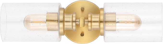 JONATHAN Y 16.5" Brass Gold 2-Light LED Wall Sconce, Modern Farmhouse Vanity Light with Seeded Glass Shade, Industrial Iron Fixture for Bathroom Mirror, LED Bulbs Included (JYL7577E)